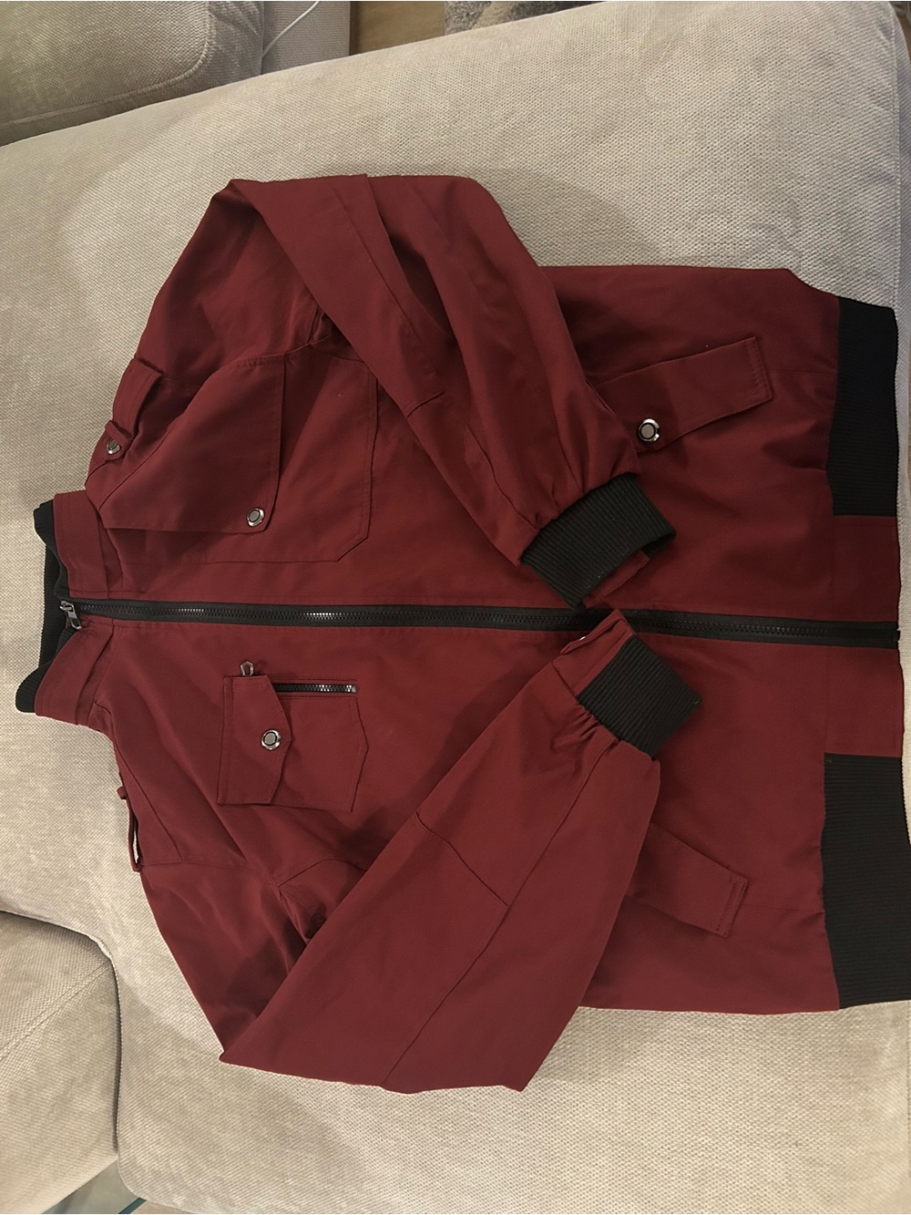 Men's Burgundy Bomber Jacket with Rib Knit Trim